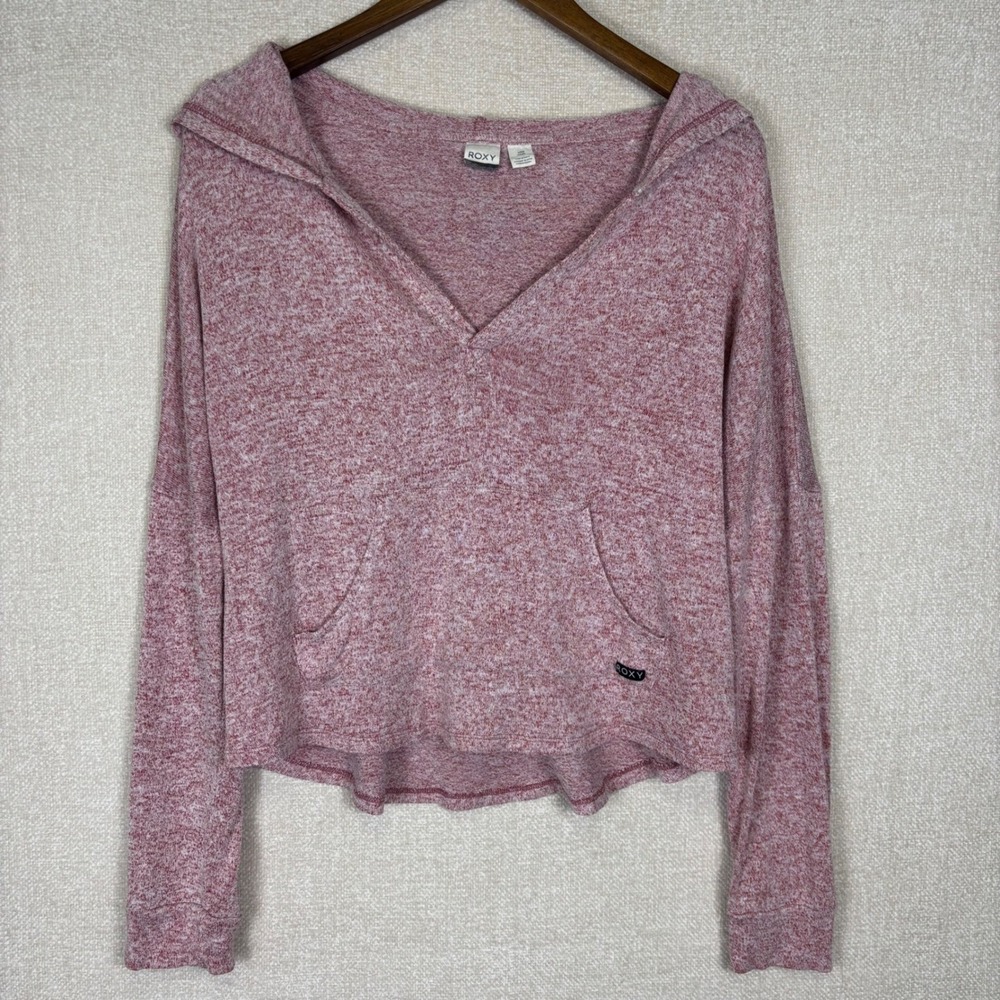 Roxy Womens Reddish Pink Marl Knit V-Neck Pullover Hoodie Sweater Small